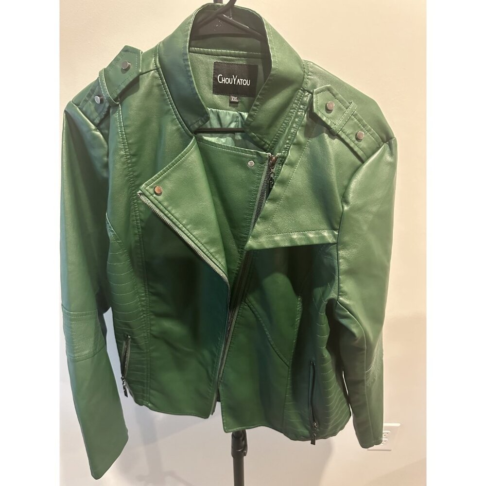 ChouYatou‎ Green Faux Leather Moto Jacket with Asymmetrical Zipper XXL